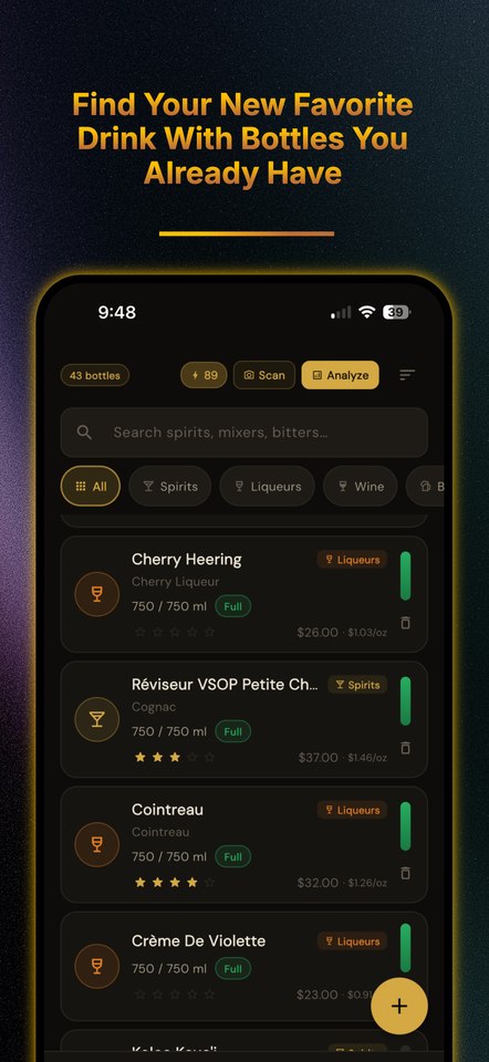 The inventory screen, showing tracked bottles with fill level and price per ounce