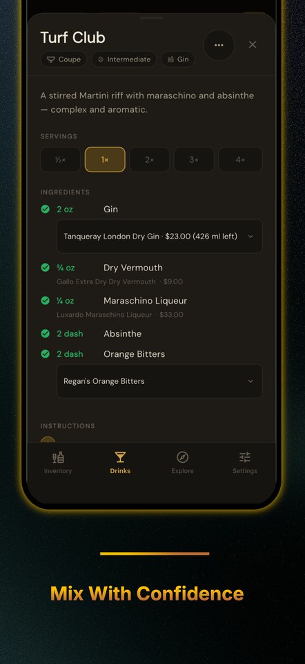 A recipe detail screen for the Turf Club cocktail, with ingredients checked against bottles in stock