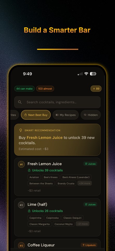 The Next Best Buy recommendation, showing an ingredient and how many new cocktails it would unlock