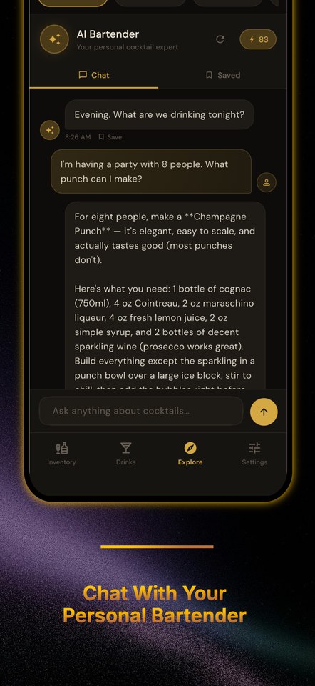 A conversation with the AI Bartender, recommending a batch punch recipe for a party of eight