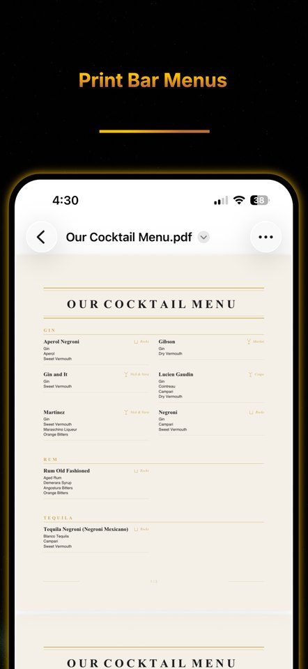 A printable cocktail menu generated from the app, organized by base spirit