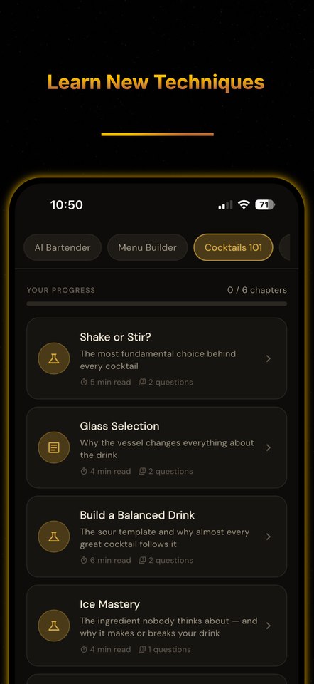 The Cocktails 101 learning section, with short chapters on bartending technique