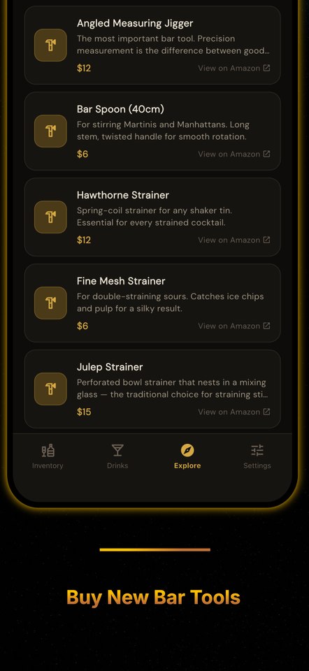 The Bar Shop, listing recommended bar tools with prices and purchase links